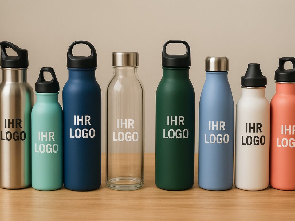 Verschiedene hochwertige Trinkflaschen aus Edelstahl, Glas und Kunststoff als personalisierbare Werbeartikel mit Logo-Aufdruck in unterschiedlichen Farben und Größen.