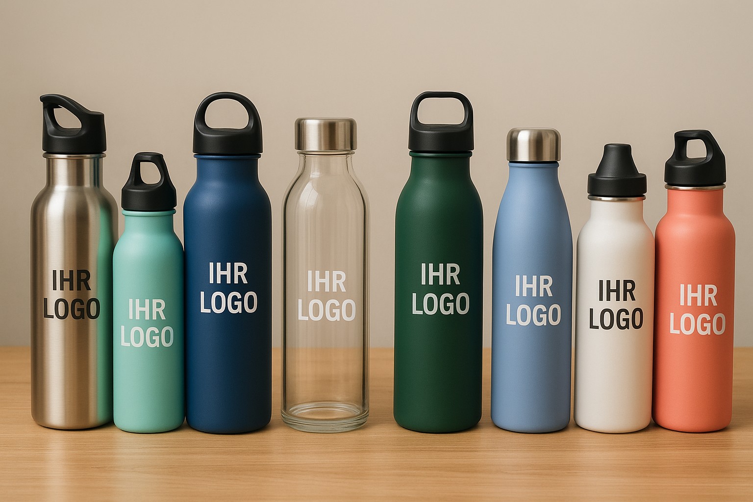 Verschiedene farbige Trinkflaschen aus Edelstahl, Glas und Kunststoff mit Logoaufdruck auf Holzoberfläche.