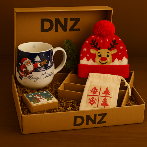 Weihnachtliche Geschenkbox von DNZ mit Merry-Christmas-Tasse, roter Wintermütze mit Rentiermotiv, kleinem Geschenkbeutel und Deko in einer offenen Kartonbox.