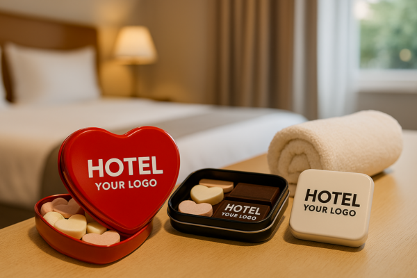 Hotel‑Welcome‑Kit mit individuell bedruckten Dosen und herzförmigen Süßigkeiten auf einem Tisch in einem gemütlich beleuchteten Hotelzimmer, im Hintergrund Bett und Nachttischlampe.