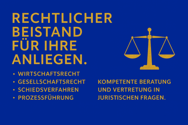 Grafik einer Rechtsberatung: goldene Waage der Justiz auf blauem Hintergrund mit Text zu Wirtschaftsrecht, Gesellschaftsrecht, Schiedsverfahren und Prozessführung.
