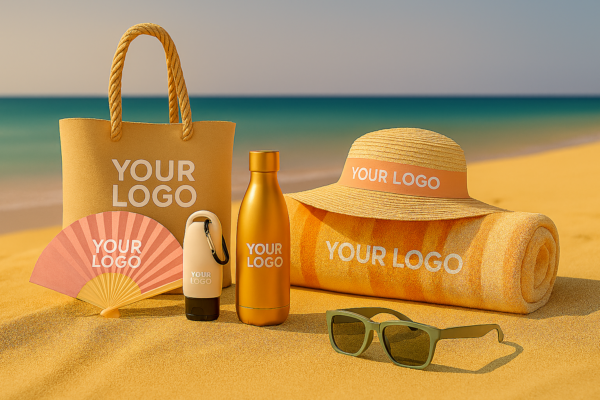 Individuelle Sommerbox als Werbeartikel mit gebrandeter Tasche, Trinkflasche, Strandtuch, Sonnenhut und Sonnenbrille am Strand