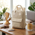 Werbegeschenke: Eine professionelle Studioaufnahme, die ein vierteiliges Set aus nachhaltigen Werbeartikeln zeigt: einen Kopfhörer, eine Computermaus, einen USB-Stick und einen Stiftehalter. Alle Produkte bestehen aus hellem Bambusholz und weißem Recycling-Kunststoff und sind mit dem Platzhalter „your logo“ versehen, um die Möglichkeiten der individuellen Personalisierung zu verdeutlichen.