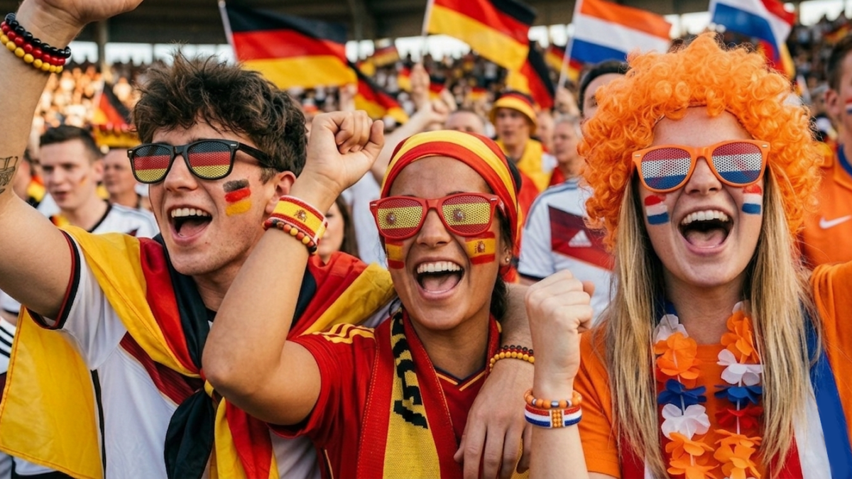 Fan-Set, Fan-Set für die WM 2026: Verschiedene Schminkstifte in Nationalfarben wie Deutschland, USA und Mexiko, präsentiert auf einem Fußballrasen im Stadion unter flatternden Flaggen.