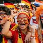 Fan-Set, Fan-Set für die WM 2026: Verschiedene Schminkstifte in Nationalfarben wie Deutschland, USA und Mexiko, präsentiert auf einem Fußballrasen im Stadion unter flatternden Flaggen.