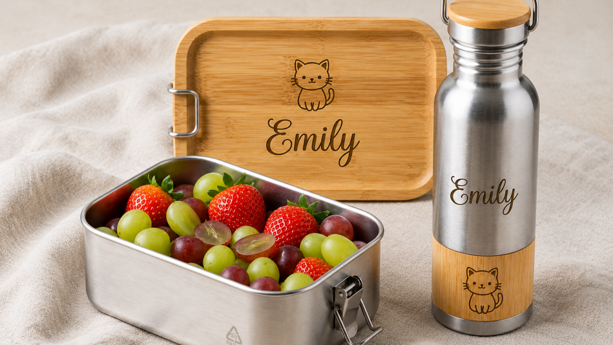 Kindergarten Sachen mit Namen : Brotbox und Trinkflasche mit Name