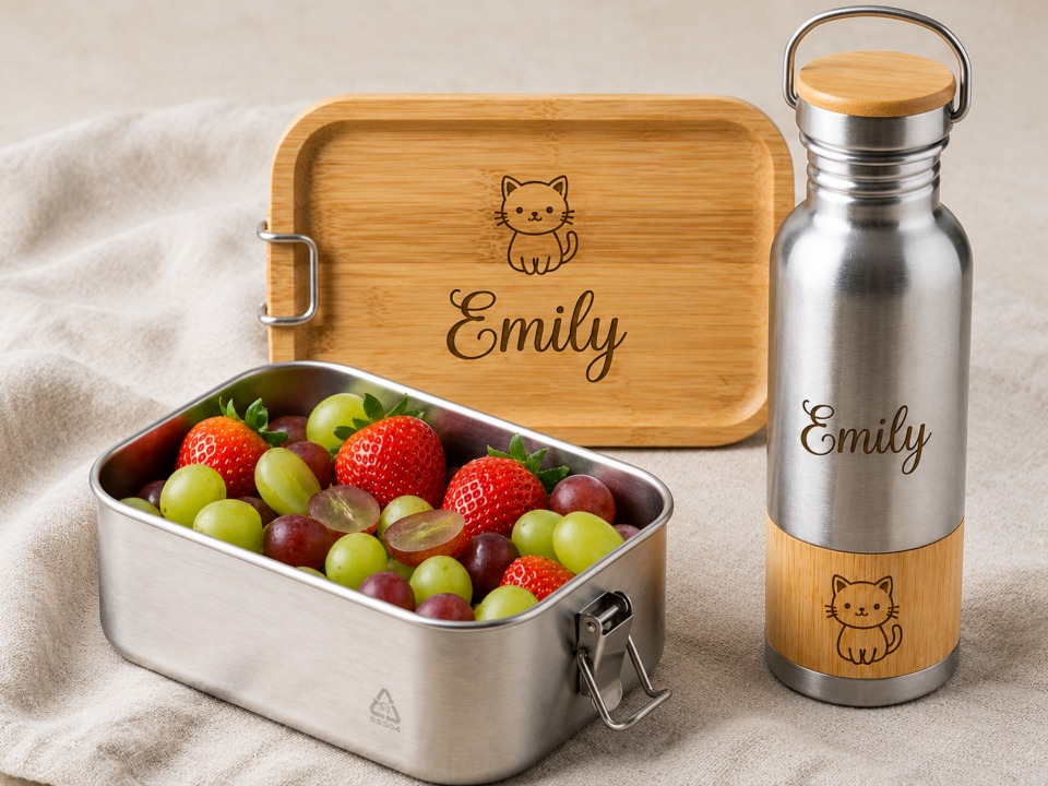 Kindergarten Sachen mit Namen : Brotbox und Trinkflasche mit Name