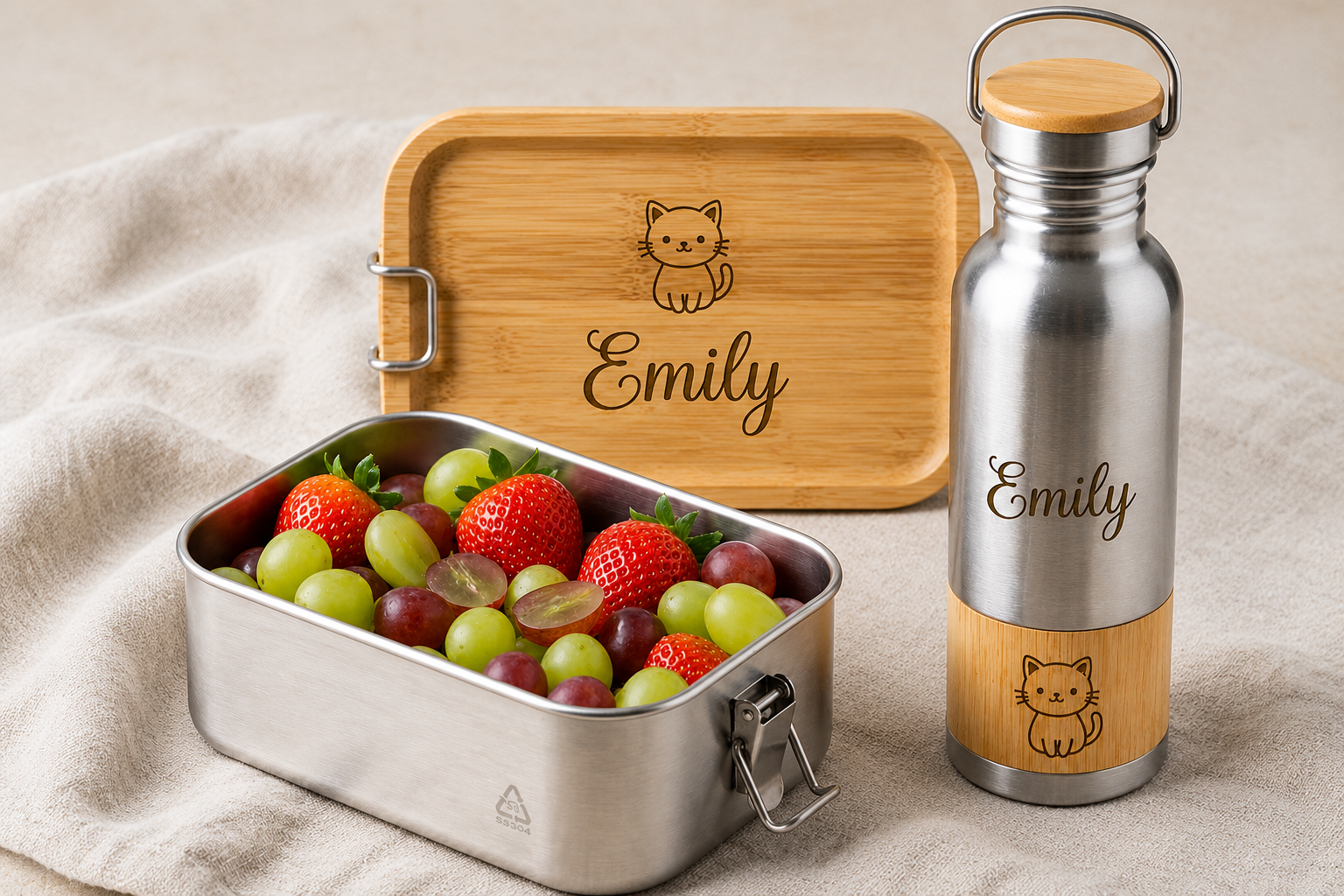 Kindergarten Sachen mit Namen : Brotbox und Trinkflasche mit Name