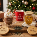Weihnachtsbäckerei mit Kindern: Personalisierte Glasbecher mit gravierten Bambusdeckeln für Emily, Mama und Papa – perfekt für die Weihnachtsbäckerei mit Kindern.