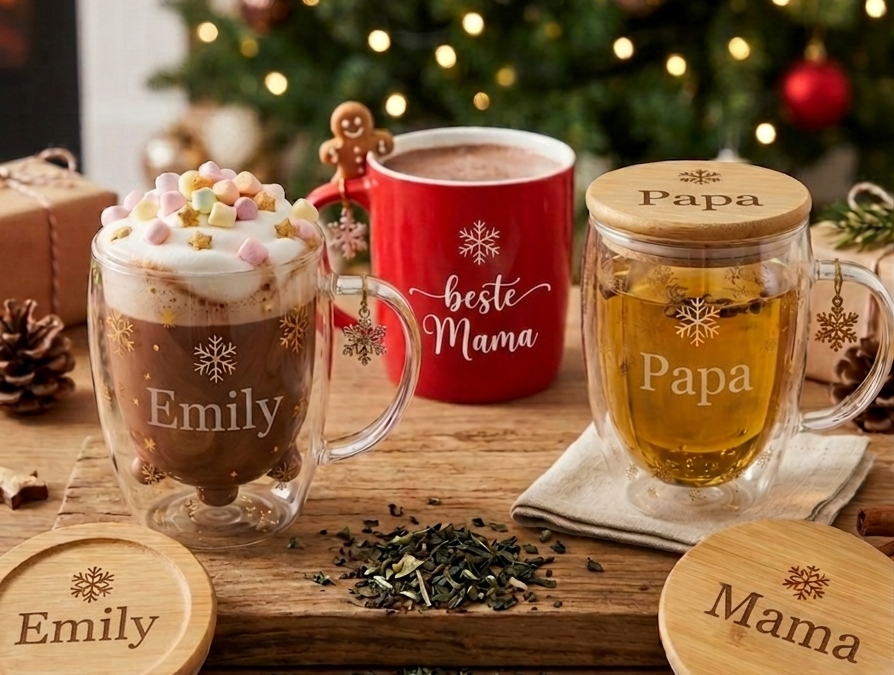 Weihnachtsbäckerei mit Kindern: Personalisierte Glasbecher mit gravierten Bambusdeckeln für Emily, Mama und Papa – perfekt für die Weihnachtsbäckerei mit Kindern.