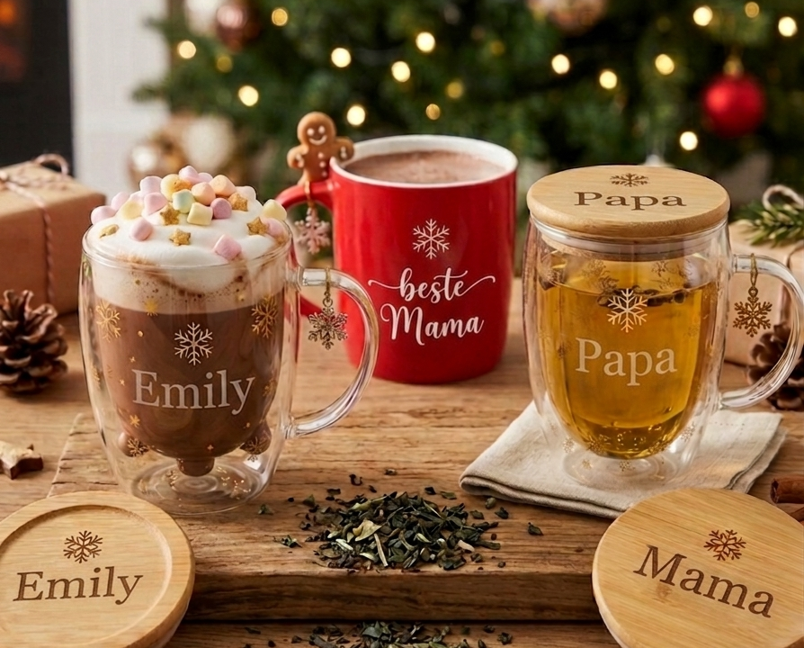 Weihnachtsbäckerei mit Kindern: Personalisierte Glasbecher mit gravierten Bambusdeckeln für Emily, Mama und Papa – perfekt für die Weihnachtsbäckerei mit Kindern.
