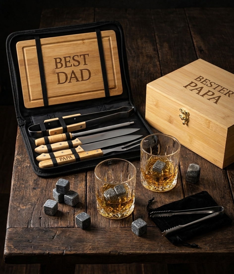 Exklusives Geschenkset für Männer auf dunklem Holztisch, bestehend aus einem Grillbesteck-Koffer, Whiskeygläsern mit Kühlsteinen und einer Holzbox.
