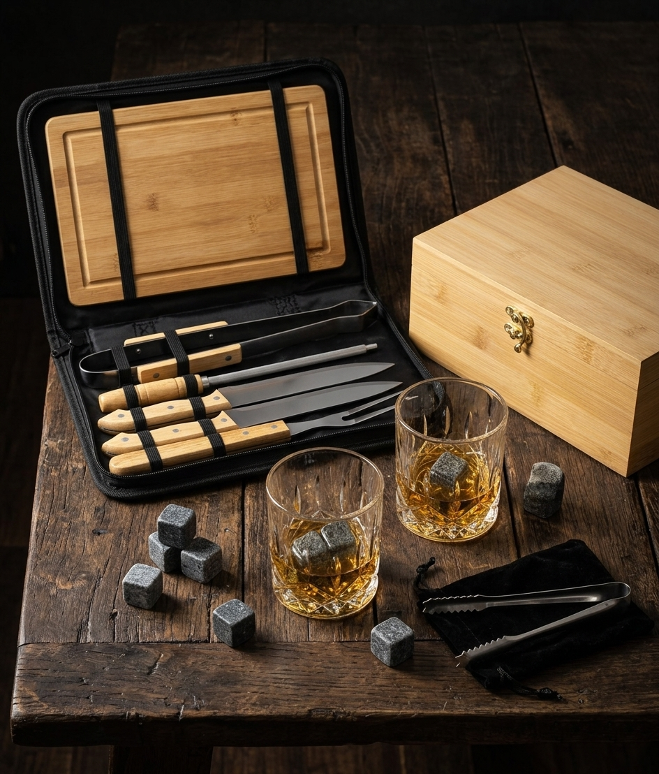 Hochwertiges Männer-Geschenkset auf rustikalem Holztisch mit Grillbesteck im Koffer, Whiskeygläsern, Kühlsteinen und einer neutralen Bambusbox.