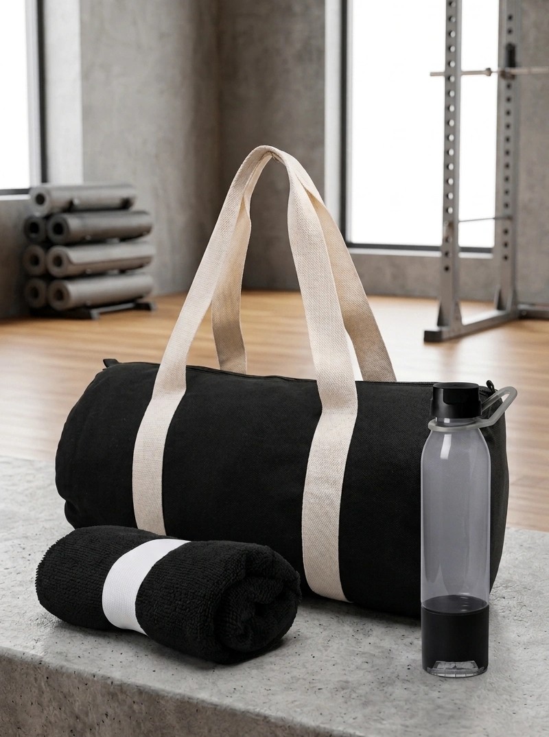 Ein Sport-Set bestehend aus einer schwarzen Canvas-Tasche mit beigen Tragegriffen, einem eingerollten schwarzen Handtuch und einer transparenten Trinkflasche auf einer Steinbank in einem modernen Fitnessstudio.
