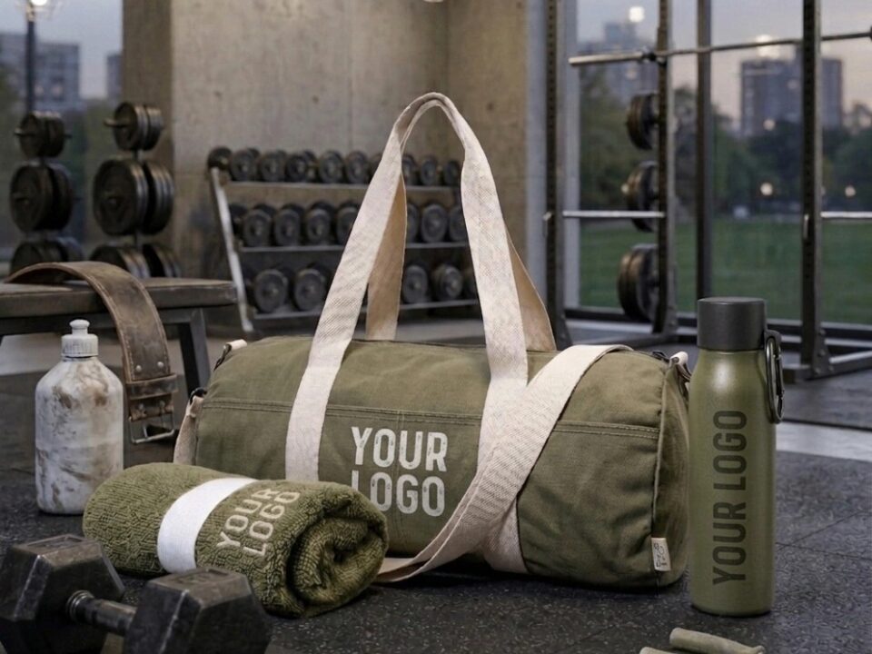 Personalisierte Werbegeschenke: olivgrünes Fitness-Set mit Platzhaltern für das eigene Logo auf einer Duffel-Tasche, einem Handtuch und einer Flasche, arrangiert in einem industriellen Fitnessstudio.