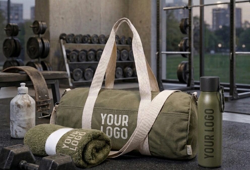 Personalisierte Werbegeschenke: olivgrünes Fitness-Set mit Platzhaltern für das eigene Logo auf einer Duffel-Tasche, einem Handtuch und einer Flasche, arrangiert in einem industriellen Fitnessstudio.