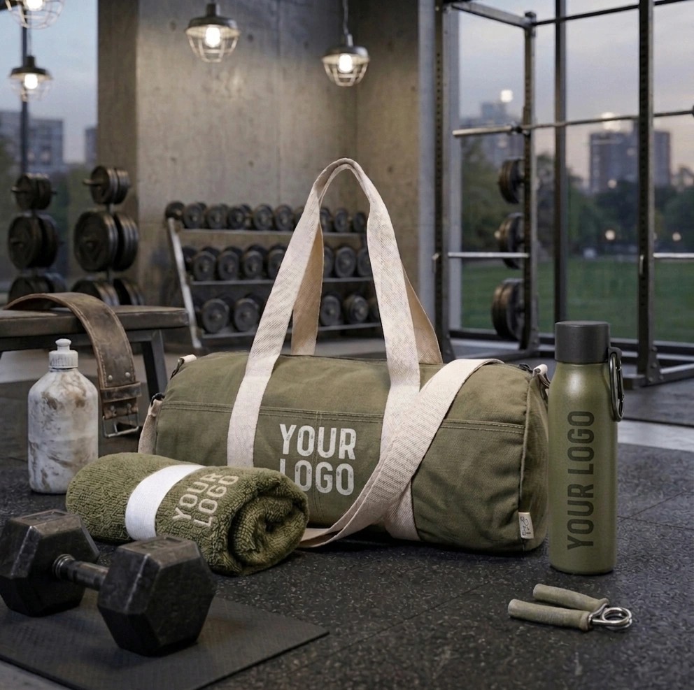 Personalisierte Werbegeschenke: olivgrünes Fitness-Set mit Platzhaltern für das eigene Logo auf einer Duffel-Tasche, einem Handtuch und einer Flasche, arrangiert in einem industriellen Fitnessstudio.