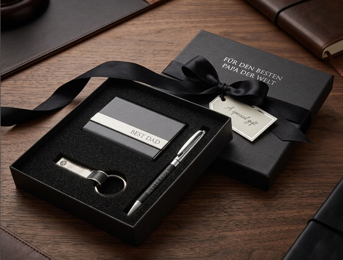Vatertagsgeschenk : Elegantes schwarzes Büro-Geschenkset mit graviertem Kugelschreiber, Visitenkartenetui und Schlüsselanhänger auf dunklem Holzschreibtisch.