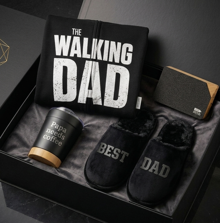 Vatertagsgeschenk: Schwarze Premium-Geschenkbox für Väter mit "The Walking Dad" Hoodie, graviertem Kaffeebecher, "Best Dad" Hausschuhen und Holz-Bluetooth-Lautsprecher.