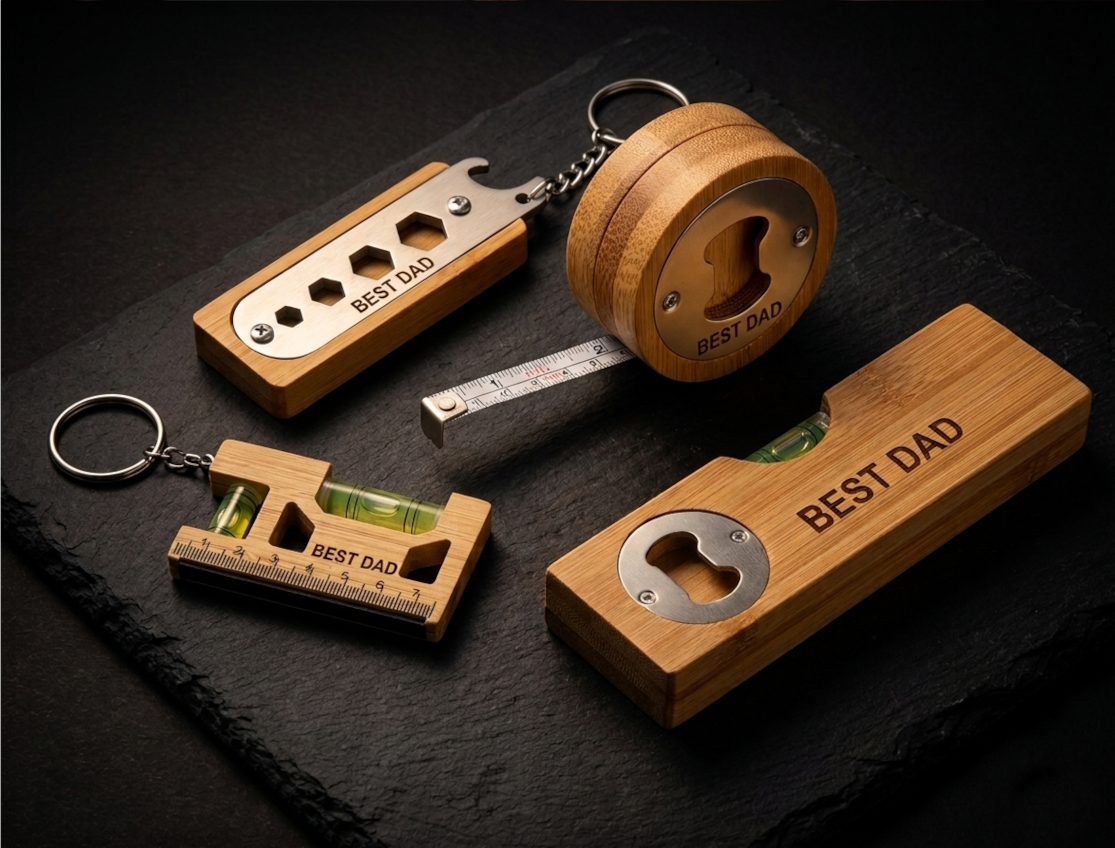 Eine Ansammlung von personalisierten Muttertagsgeschenke auf einem rustikalen Holztisch: Ein weißes T-Shirt auf einer Staffelei mit einem Foto von Mutter und Tochter am Strand, eine Jute-Tragetasche mit einem Foto von Mutter und Tochter auf einer Blumenwiese und eine kleinere Fototasse mit einem Foto von Mutter und Tochter am Strand.