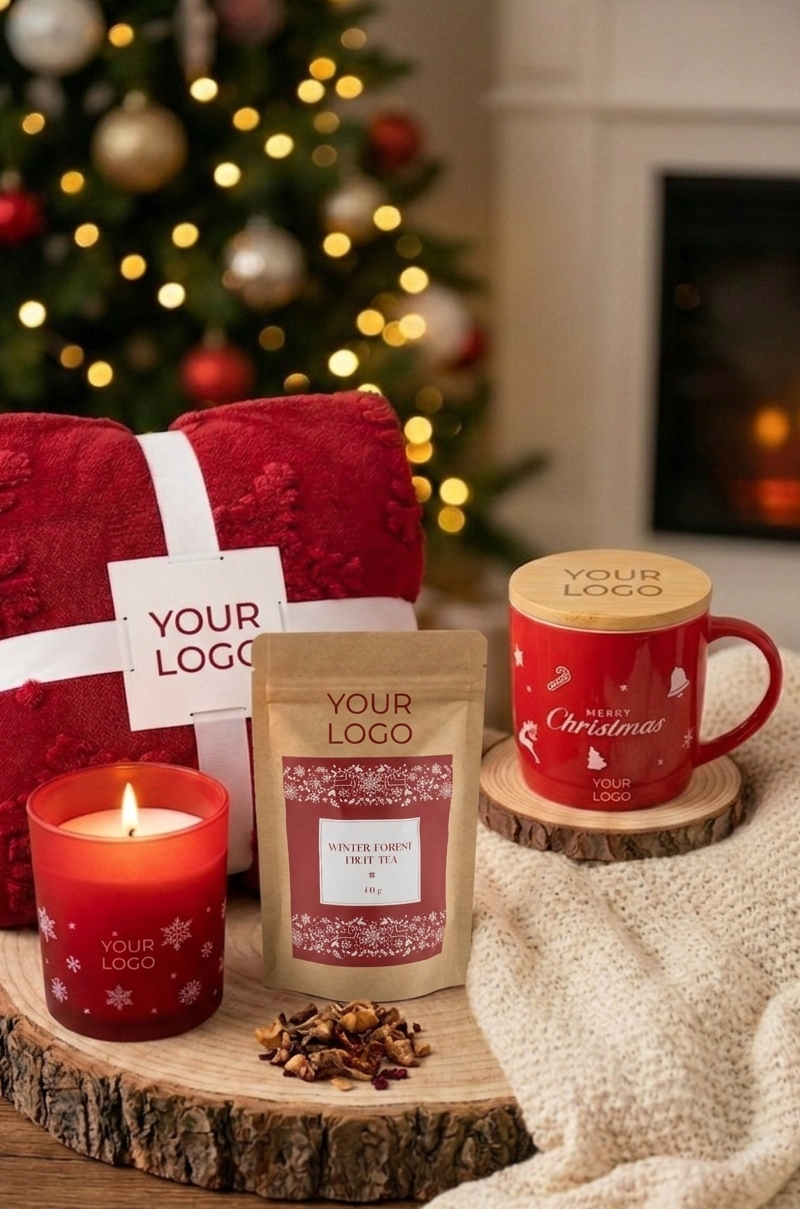 Ein komplettes „Cosy Christmas“ Set als Mitarbeitergeschenk mit Decke, Wintertee, duftkerze und gravierter tassen.