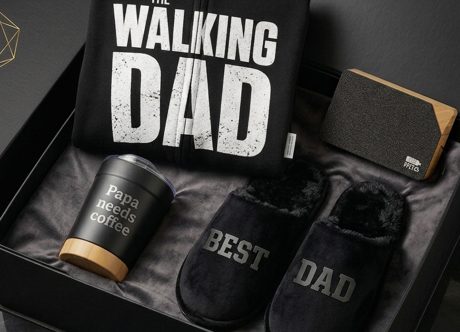 Vatertagsgeschenk: Schwarze Premium-Geschenkbox für Väter mit "The Walking Dad" Hoodie, graviertem Kaffeebecher, "Best Dad" Hausschuhen und Holz-Bluetooth-Lautsprecher.