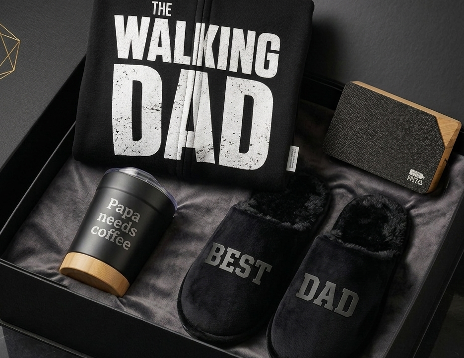 Vatertagsgeschenk: Schwarze Premium-Geschenkbox für Väter mit "The Walking Dad" Hoodie, graviertem Kaffeebecher, "Best Dad" Hausschuhen und Holz-Bluetooth-Lautsprecher.