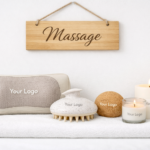Wellness Massage Set mit Logo, Kerzen, Massagebürste und Spa Zubehör auf weißem Hintergrund mit Massage Schild