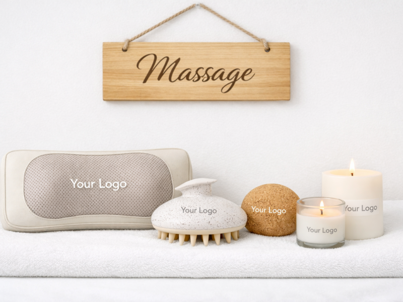 Wellness Massage Set mit Logo, Kerzen, Massagebürste und Spa Zubehör auf weißem Hintergrund mit Massage Schild