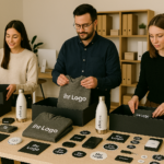 Unternehmen bereitet Influencer Marketing PR Boxen mit personalisierten Werbeartikeln und Branding Ihr Logo vor