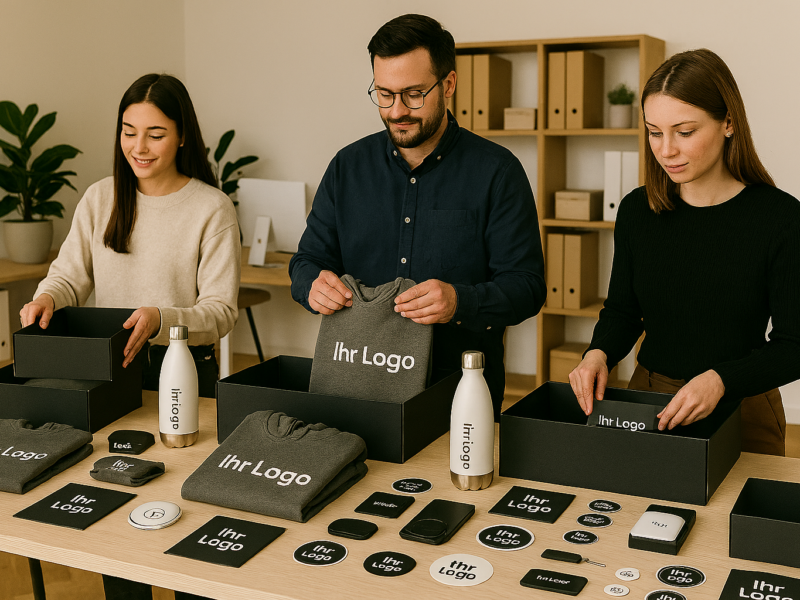 Unternehmen bereitet Influencer Marketing PR Boxen mit personalisierten Werbeartikeln und Branding Ihr Logo vor