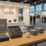 Premium Werbeartikel für Messen 2026 von DNZ Networks elegant präsentiert auf einer Messe inklusive Geschenkboxen, Tragetasche und Tassen mit Logo.