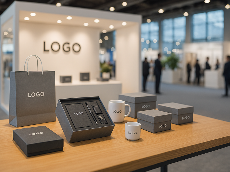 Premium Werbeartikel für Messen 2026 von DNZ Networks elegant präsentiert auf einer Messe inklusive Geschenkboxen, Tragetasche und Tassen mit Logo.