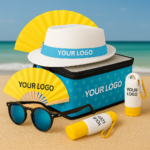 Sommerliches Werbeartikel-Set mit individuellem Logo: Sonnenhut, Fächer, Kühltasche, Sonnenbrille und Sonnencreme am Strand