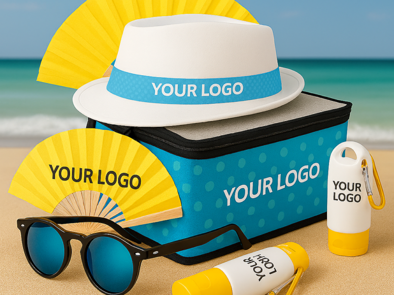 Sommerliches Werbeartikel-Set mit individuellem Logo: Sonnenhut, Fächer, Kühltasche, Sonnenbrille und Sonnencreme am Strand