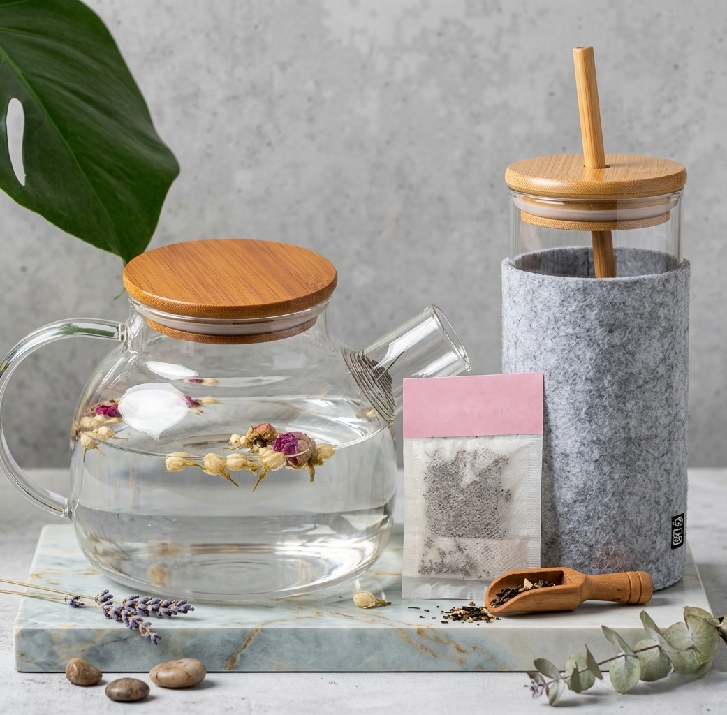 Personalisierbares Selfcare Tee-Geschenkset mit Borosilikatglas-Teekanne, Teebecher und Earl Grey Tee in hochwertiger Geschenkverpackung