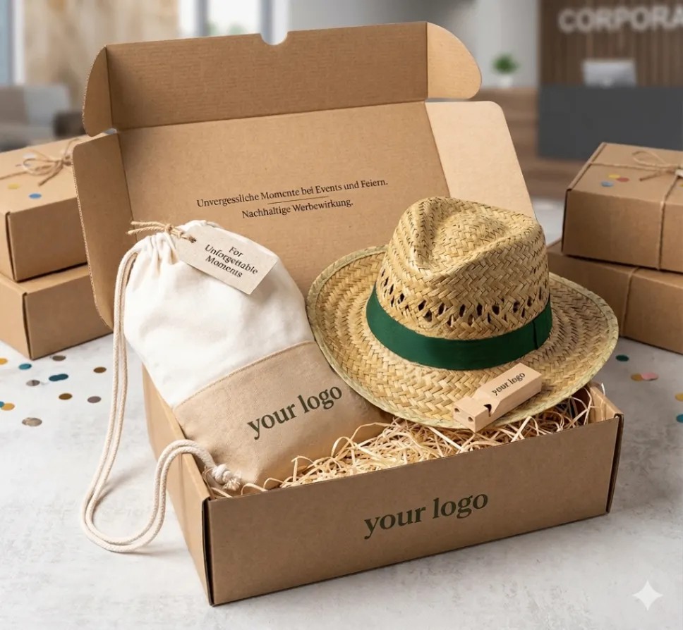 Karnevals Promo-Set mit Sportbeutel, Strohhut und Holz-Pfeife in hochwertiger Geschenkbox mit Logo