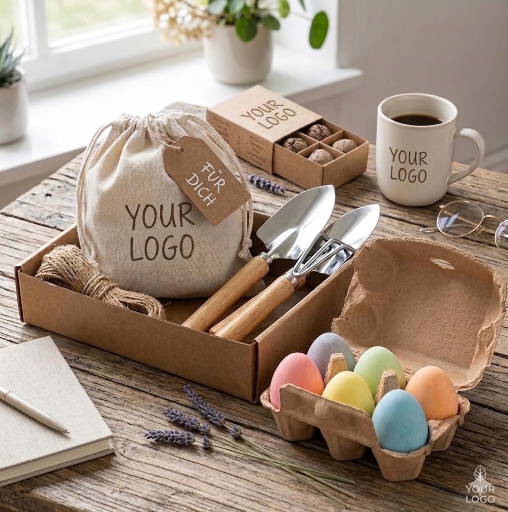 Oster-Spaß-Set mit Kreideset, Gartenwerkzeug und Kräuteranzuchtset in Geschenkbox als Werbeartikel für Kinder